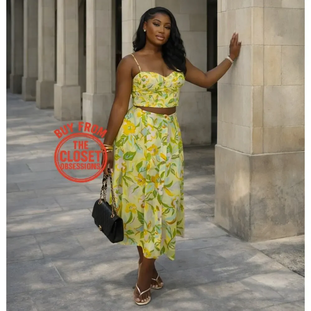 Zara Floral Co Ord Set Corset Top Midi Skirt Linen Blend Vacation Outfit NWT - Picture 7 of 16